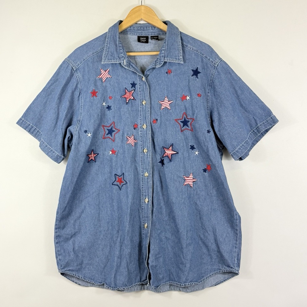Quizz Again Co Top Womens XL Blue Denim Red White Patriotic Stars‎ Stripes Shirt